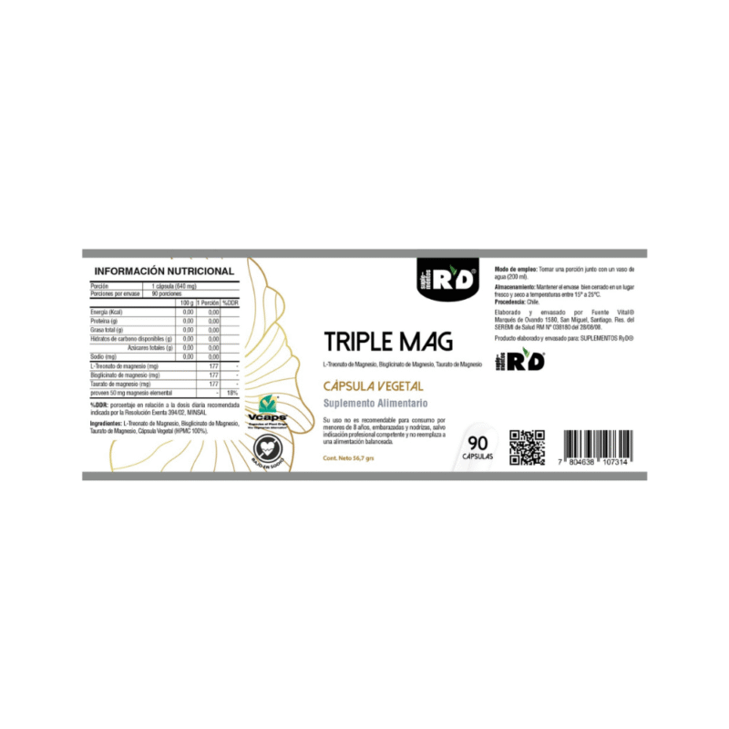 Triple Magnesio 90 cápsulas ( L-Treonato de Magnesio, Bisglicinato de Magnesio y Taurato de Magnesio) RyD - Imagen 2